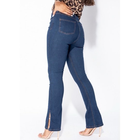 Denim - Blue High Waist Split Hem Skinny Flare Jeans Denim Pants